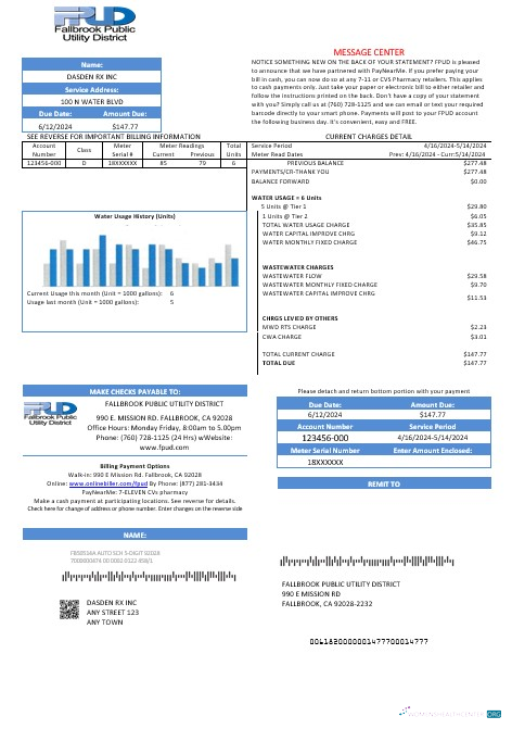 Download USA Fallbrook Public business utility bill template in Word and PDF formats Photoshop template